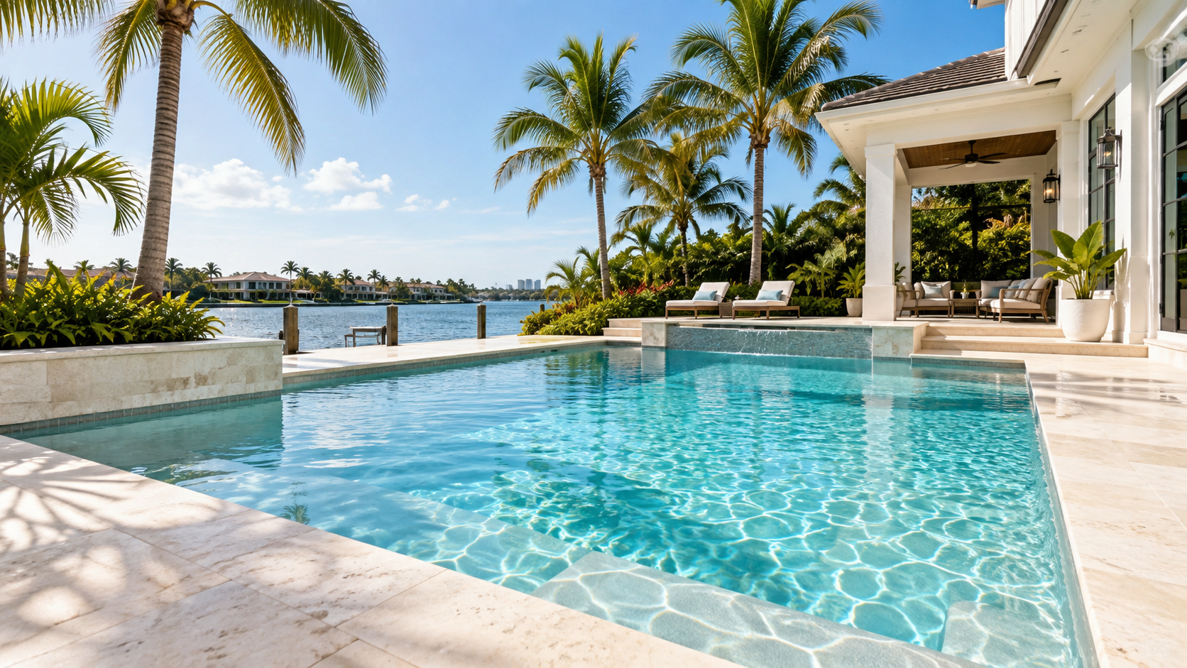 Illustrative South Florida pool with clear turquoise water and palms